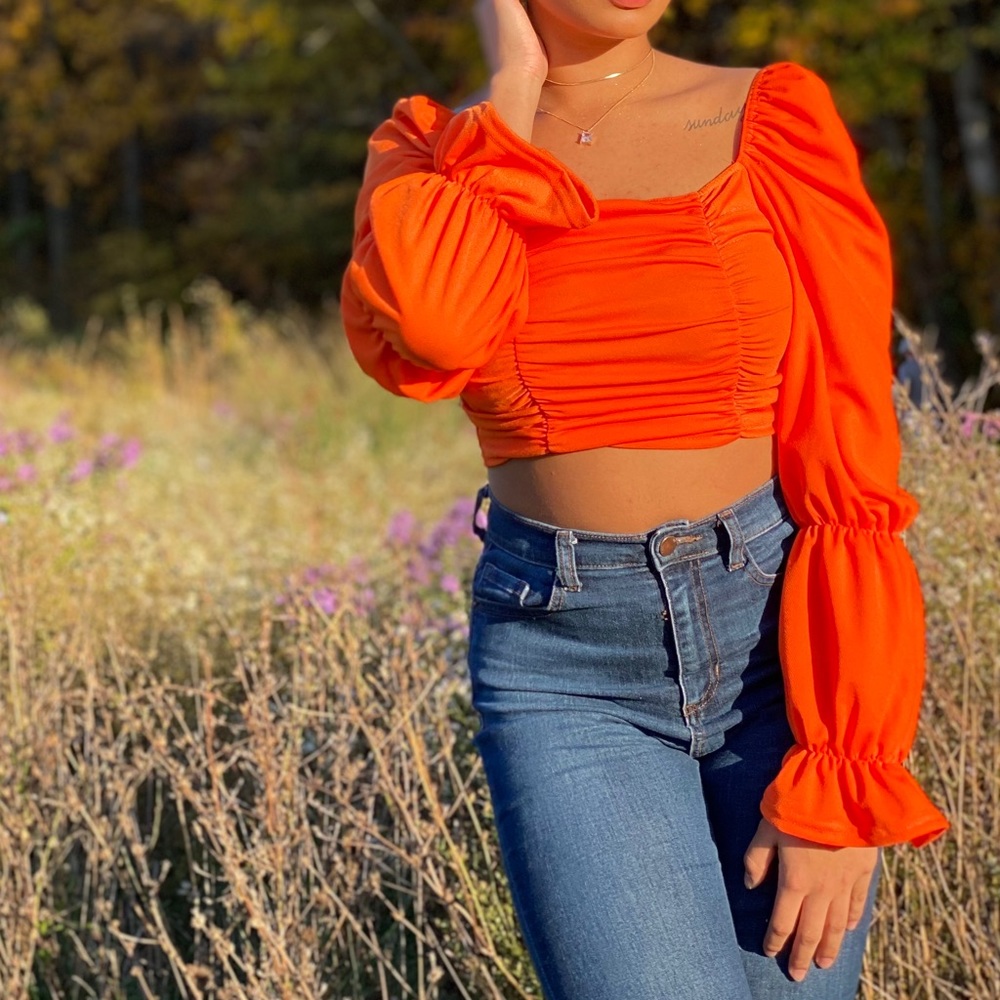 Orange Crepe Ruched Long Sleeve